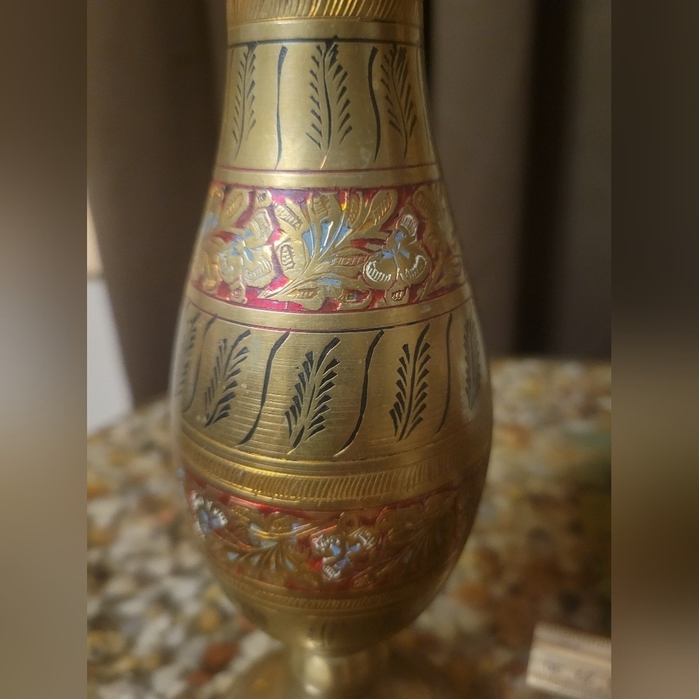 Vintage Brass Vase Leaves red flowers Engraved Etched India MCM 10" 1950's